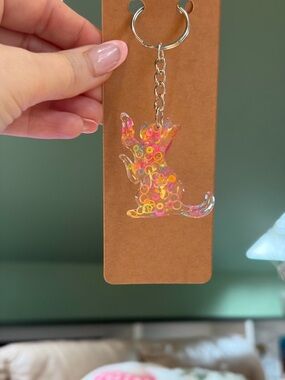 Clear Acrylic Cat Keychain with Neon Confetti